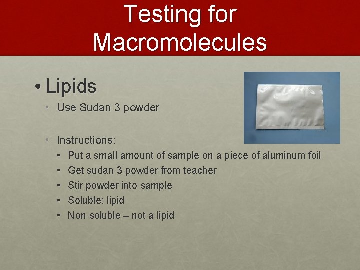 Testing for Macromolecules • Lipids • Use Sudan 3 powder • Instructions: • •