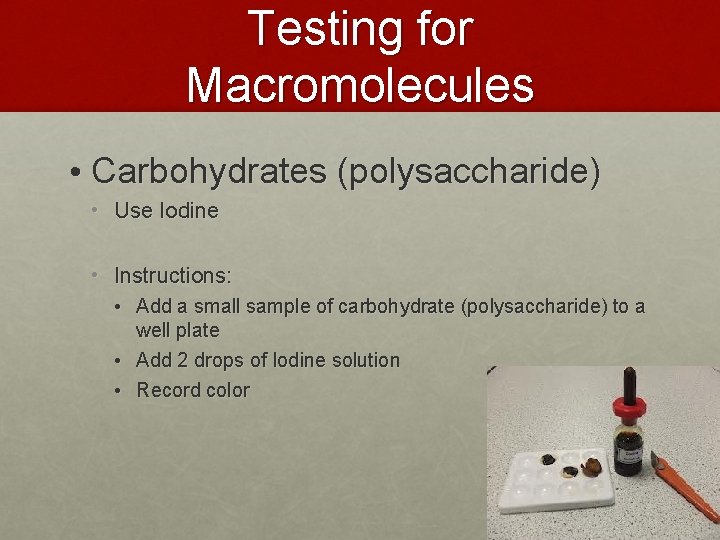 Testing for Macromolecules • Carbohydrates (polysaccharide) • Use Iodine • Instructions: • Add a