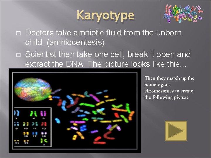 Karyotype Doctors take amniotic fluid from the unborn child. (amniocentesis) Scientist then take one Karyotype Doctors take amniotic fluid from the unborn child. (amniocentesis) Scientist then take one