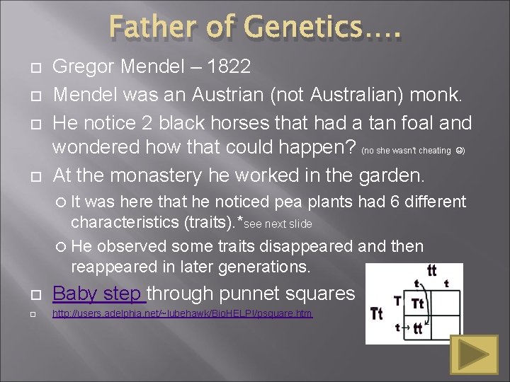 Father of Genetics…. Gregor Mendel – 1822 Mendel was an Austrian (not Australian) monk. Father of Genetics…. Gregor Mendel – 1822 Mendel was an Austrian (not Australian) monk.