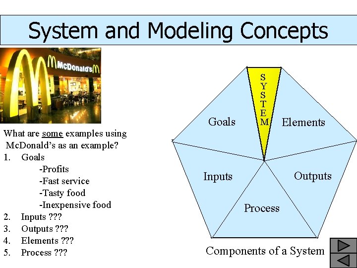 System and Modeling Concepts What are some examples using Mc. Donald’s as an example?