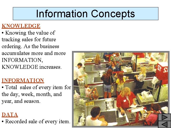 Information Concepts KNOWLEDGE • Knowing the value of tracking sales for future ordering. As