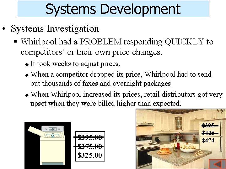 Systems Development • Systems Investigation § Whirlpool had a PROBLEM responding QUICKLY to competitors’