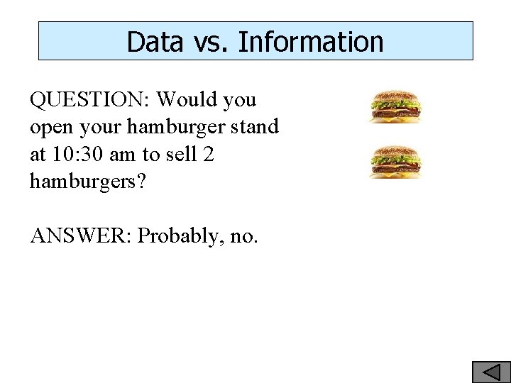 Data vs. Information QUESTION: Would you open your hamburger stand at 10: 30 am