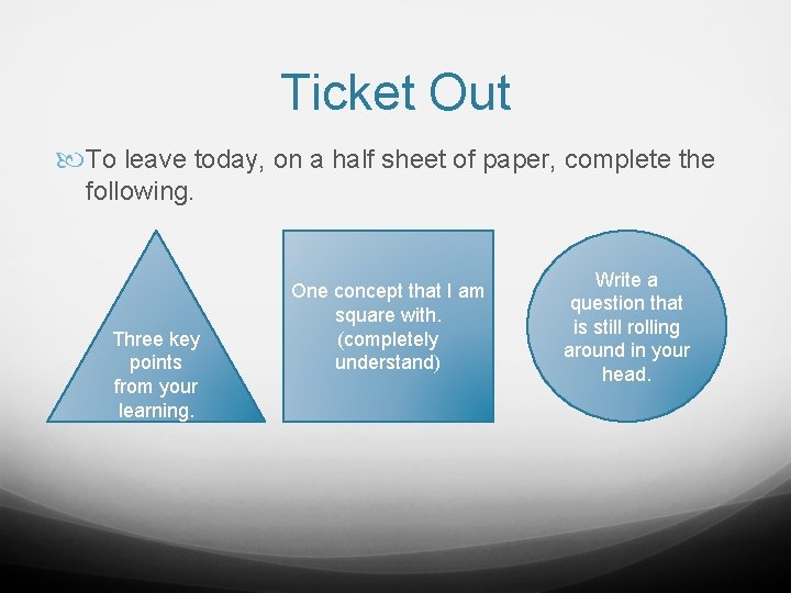 Ticket Out To leave today, on a half sheet of paper, complete the following.