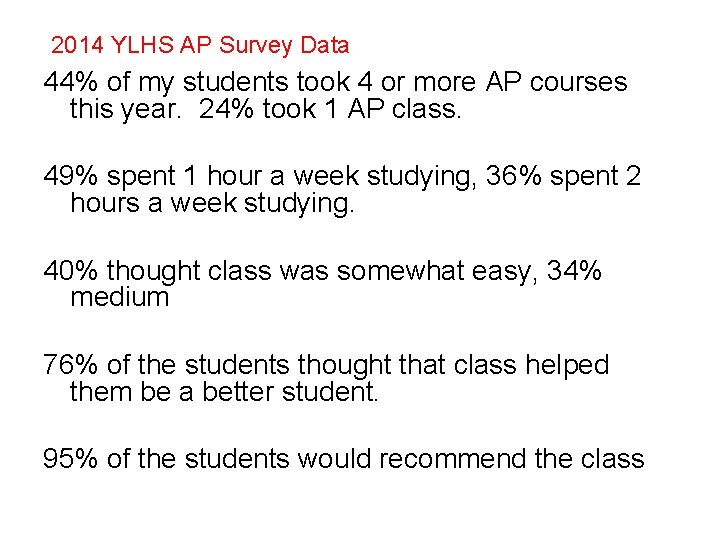 2014 YLHS AP Survey Data 44% of my students took 4 or more AP