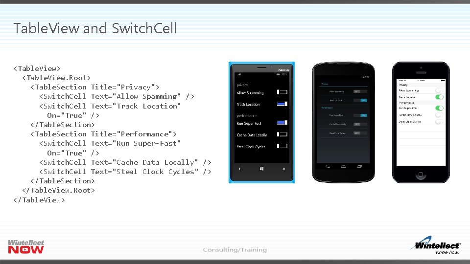 Table. View and Switch. Cell <Table. View> <Table. View. Root> <Table. Section Title="Privacy"> <Switch.