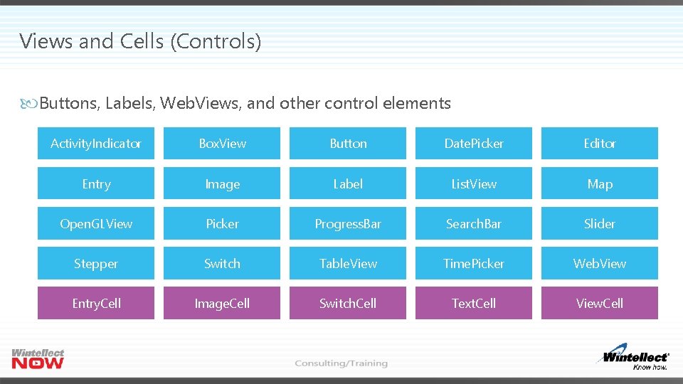 Views and Cells (Controls) Buttons, Labels, Web. Views, and other control elements Activity. Indicator
