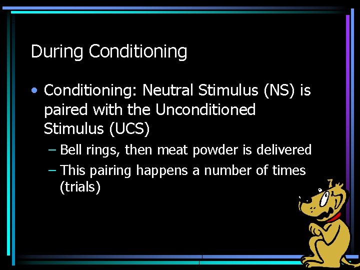 During Conditioning • Conditioning: Neutral Stimulus (NS) is paired with the Unconditioned Stimulus (UCS)