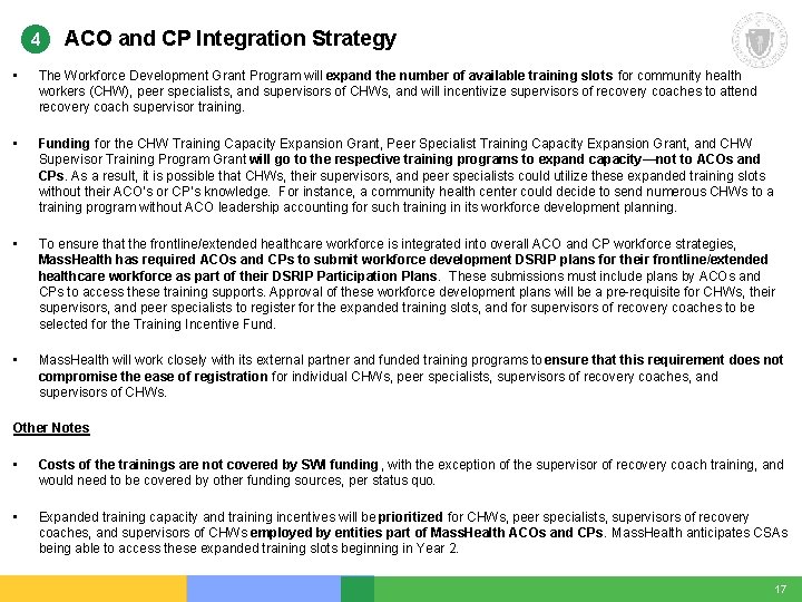 4 ACO and CP Integration Strategy • The Workforce Development Grant Program will expand 4 ACO and CP Integration Strategy • The Workforce Development Grant Program will expand