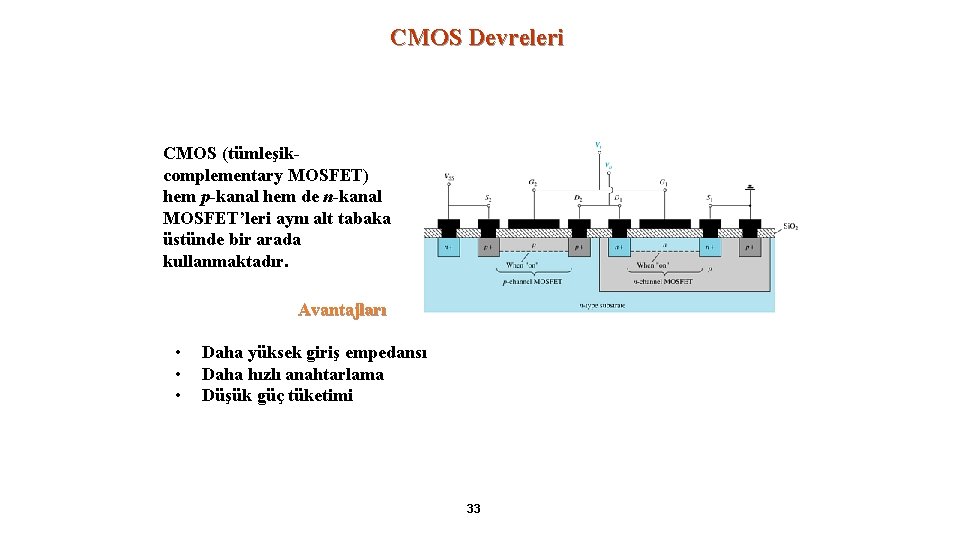 CMOS Devreleri CMOS (tümleşikcomplementary MOSFET) hem p-kanal hem de n-kanal MOSFET’leri aynı alt tabaka