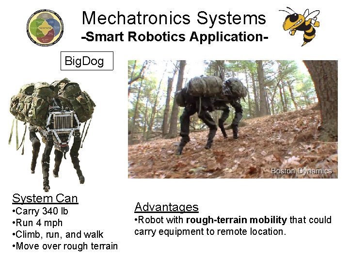 Mechatronics Systems -Smart Robotics Application. Big. Dog System Can • Carry 340 lb •