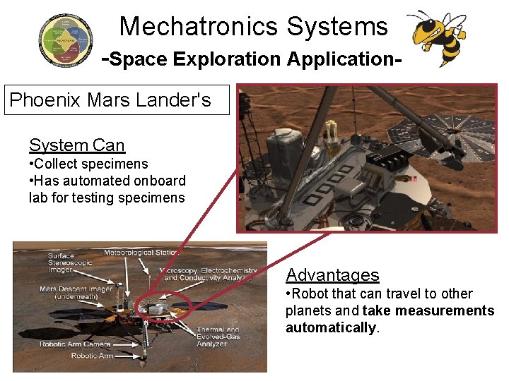 Mechatronics Systems -Space Exploration Application. Phoenix Mars Lander's System Can • Collect specimens •