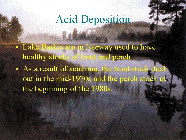 Acid Deposition • Lake Barkevatn in Norway used to have healthy stocks of trout