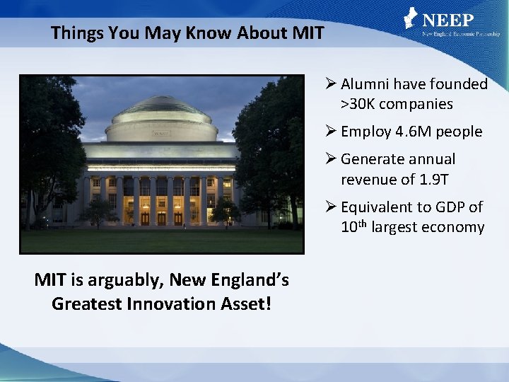 Things You May Know About MIT Ø Alumni have founded >30 K companies Ø
