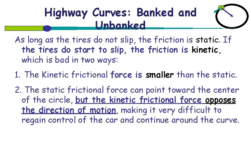 Highway Curves: Banked and Unbanked As long as the tires do not slip, the
