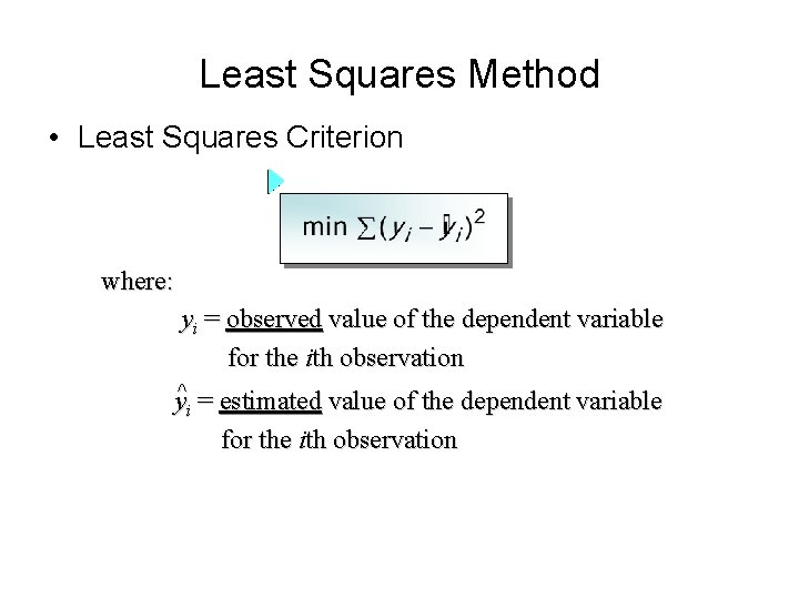 Least Squares Method • Least Squares Criterion where: yi = observed value of the