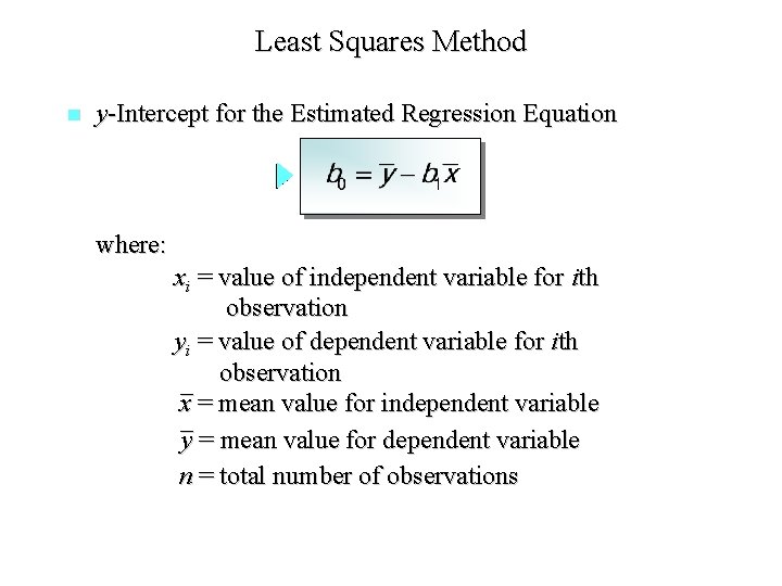 Least Squares Method n y-Intercept for the Estimated Regression Equation where: xi = value