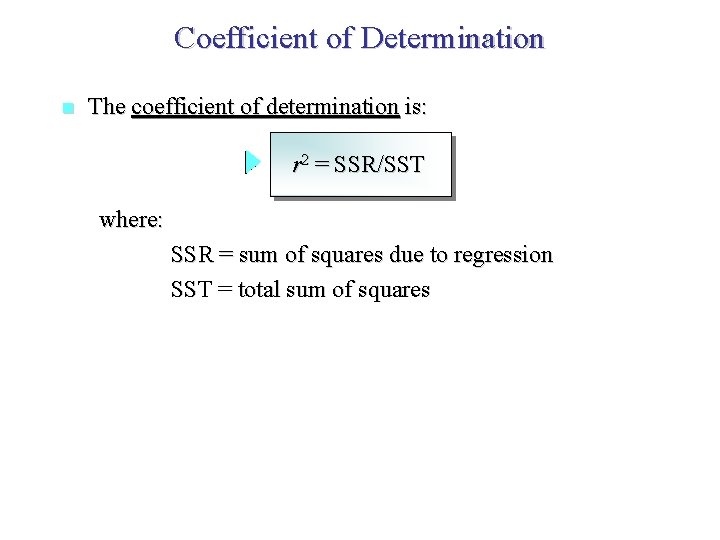 Coefficient of Determination n The coefficient of determination is: r 2 = SSR/SST where: