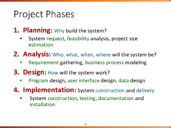 Project Phases 1. Planning: Why build the system? • System request, feasibility analysis, project Project Phases 1. Planning: Why build the system? • System request, feasibility analysis, project