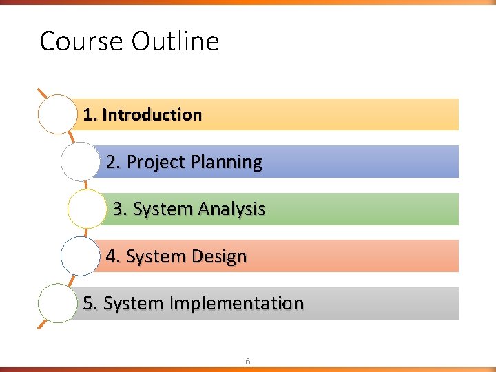 Course Outline 1. Introduction 2. Project Planning 3. System Analysis 4. System Design 5. Course Outline 1. Introduction 2. Project Planning 3. System Analysis 4. System Design 5.