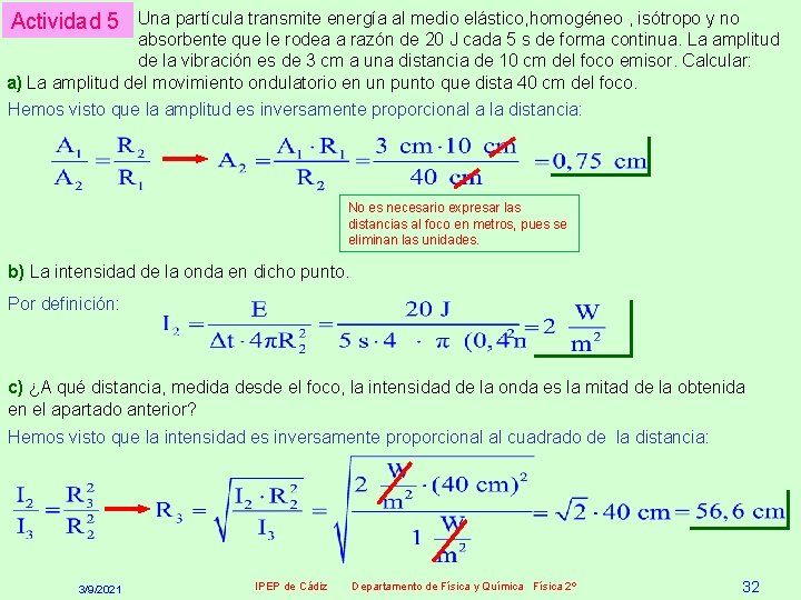 Una partícula transmite energía al medio elástico, homogéneo , isótropo y no absorbente que