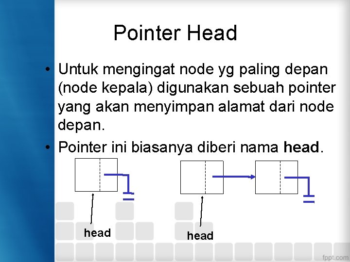 Pointer Head • Untuk mengingat node yg paling depan (node kepala) digunakan sebuah pointer