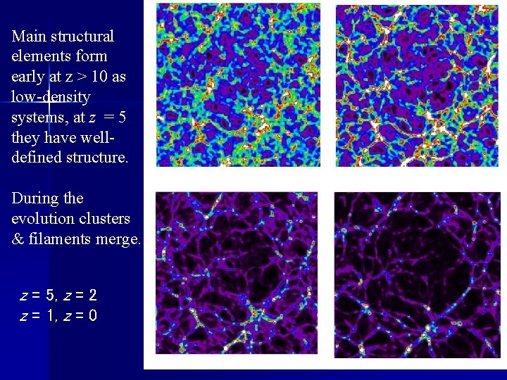 Main structural elements form early at z > 10 as low-density systems, at z