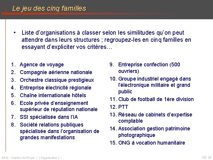 Le jeu des cinq familles • Liste d’organisations à classer selon les similitudes qu’on