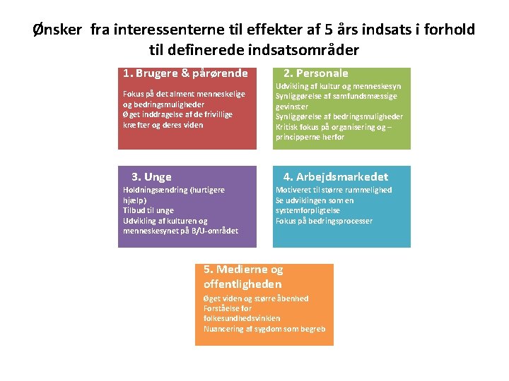 Ønsker fra interessenterne til effekter af 5 års indsats i forhold til definerede indsatsområder Ønsker fra interessenterne til effekter af 5 års indsats i forhold til definerede indsatsområder