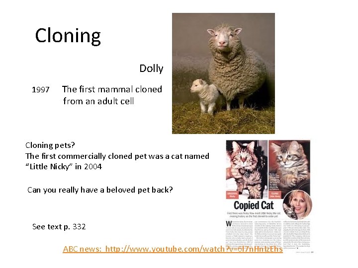Cloning Dolly 1997 The first mammal cloned from an adult cell Cloning pets? The