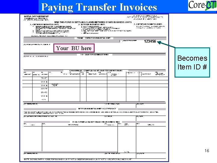 Paying Transfer Invoices 123456 Your BU here Becomes Item ID # 16 