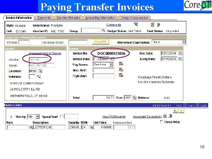 Paying Transfer Invoices DOC 0012345678 DOC 0000123456 18 