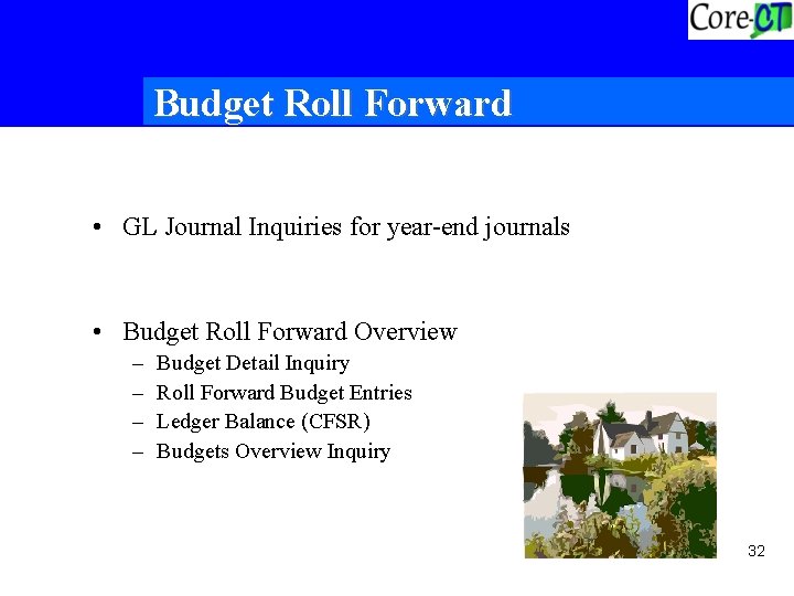 Budget Roll Forward • GL Journal Inquiries for year-end journals • Budget Roll Forward