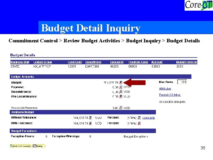 Budget Detail Inquiry Commitment Control > Review Budget Activities > Budget Inquiry > Budget