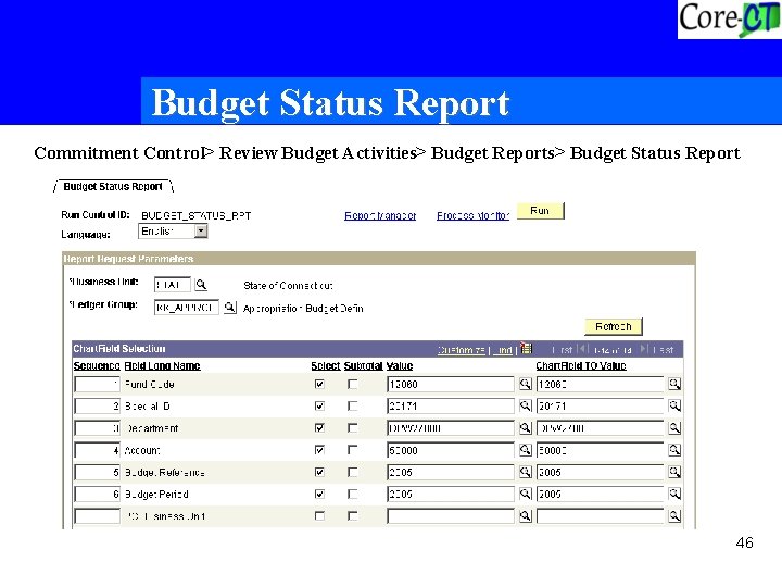 Budget Status Report Commitment Control> Review Budget Activities> Budget Reports> Budget Status Report 46