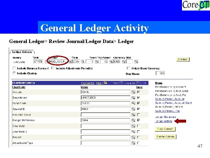 General Ledger Activity General Ledger> Review Journal/Ledger Data> Ledger 47 