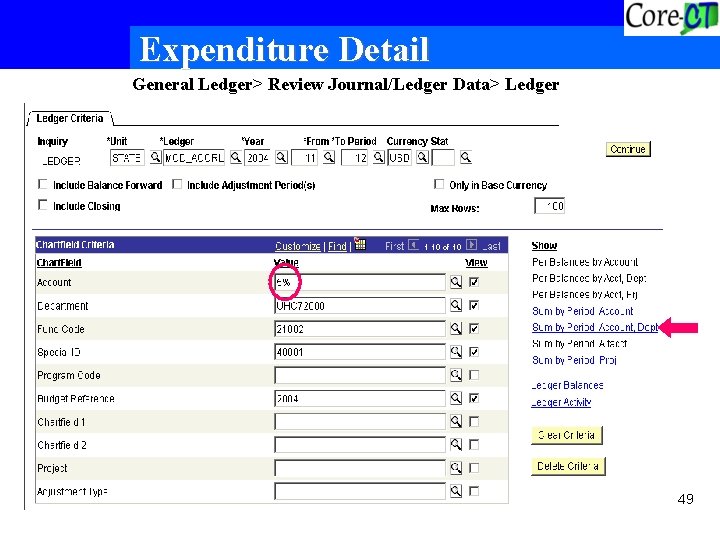 Expenditure Detail General Ledger> Review Journal/Ledger Data> Ledger 49 