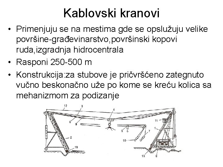 Kablovski kranovi • Primenjuju se na mestima gde se opslužuju velike površine-građevinarstvo, površinski kopovi