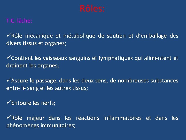 Rôles: T. C. lâche: üRôle mécanique et métabolique de soutien et d’emballage des divers