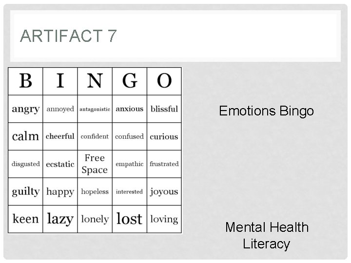 ARTIFACT 7 Emotions Bingo Mental Health Literacy 