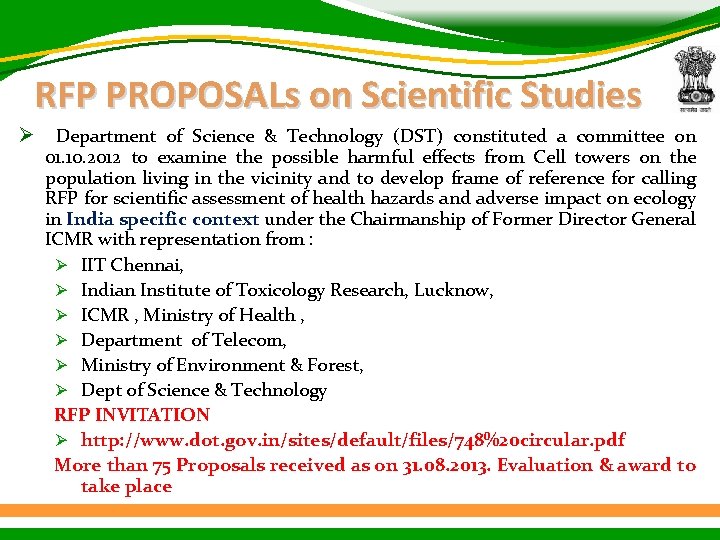 RFP PROPOSALs on Scientific Studies Ø Department of Science & Technology (DST) constituted a