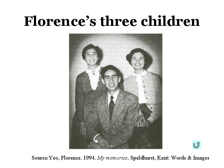 Florence’s three children Source: Yeo, Florence. 1994. My memories. Speldhurst, Kent: Words & Images Florence’s three children Source: Yeo, Florence. 1994. My memories. Speldhurst, Kent: Words & Images