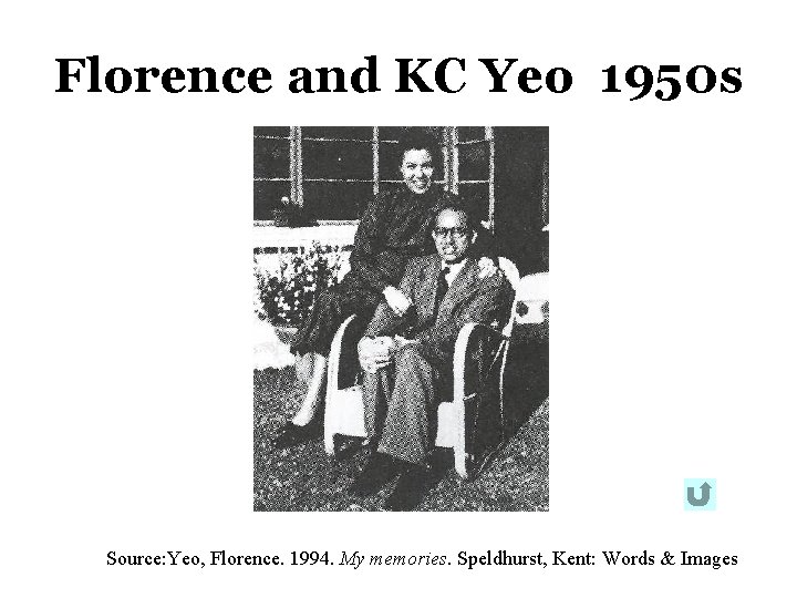 Florence and KC Yeo 1950 s Source: Yeo, Florence. 1994. My memories. Speldhurst, Kent: Florence and KC Yeo 1950 s Source: Yeo, Florence. 1994. My memories. Speldhurst, Kent: