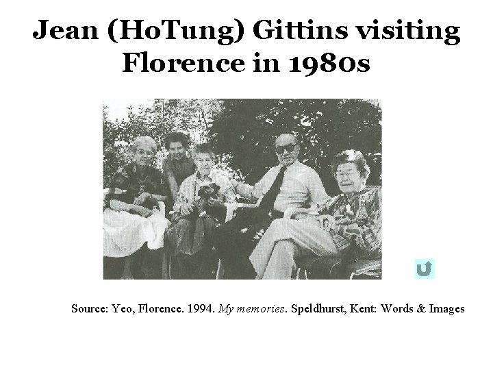 Jean (Ho. Tung) Gittins visiting Florence in 1980 s Source: Yeo, Florence. 1994. My Jean (Ho. Tung) Gittins visiting Florence in 1980 s Source: Yeo, Florence. 1994. My