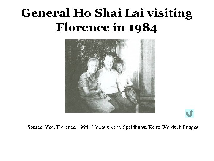 General Ho Shai Lai visiting Florence in 1984 Source: Yeo, Florence. 1994. My memories. General Ho Shai Lai visiting Florence in 1984 Source: Yeo, Florence. 1994. My memories.