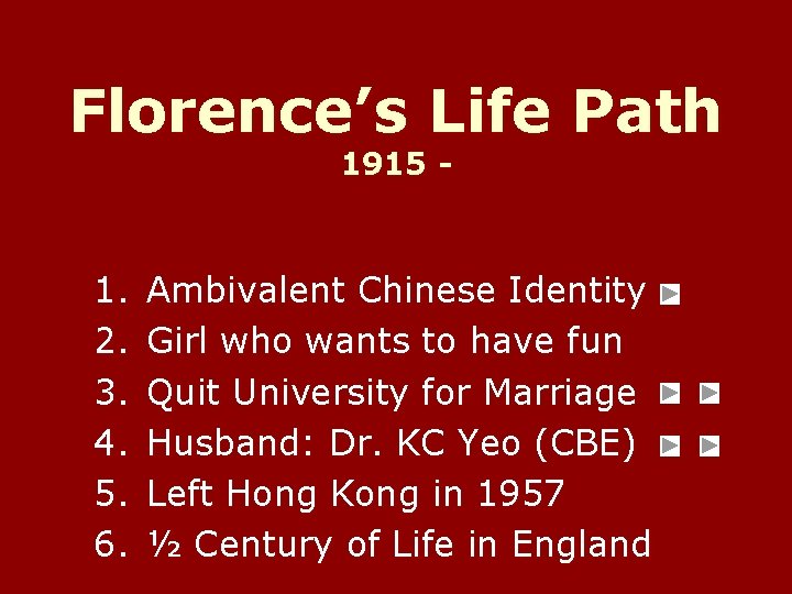 Florence’s Life Path 1915 - 1. 2. 3. 4. 5. 6. Ambivalent Chinese Identity Florence’s Life Path 1915 - 1. 2. 3. 4. 5. 6. Ambivalent Chinese Identity