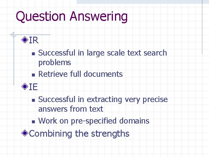 Question Answering IR n n Successful in large scale text search problems Retrieve full