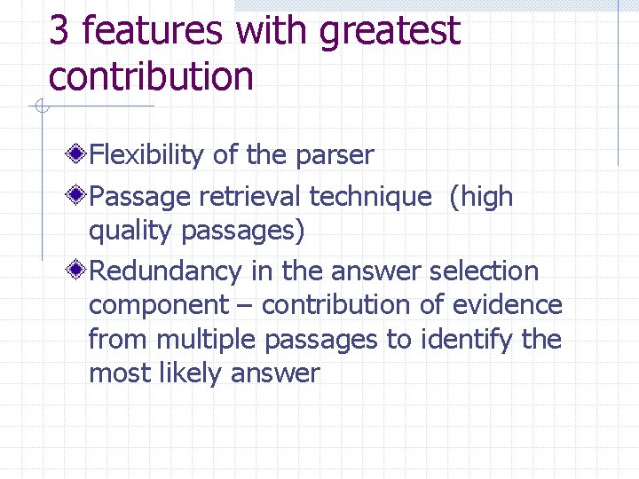 3 features with greatest contribution Flexibility of the parser Passage retrieval technique (high quality