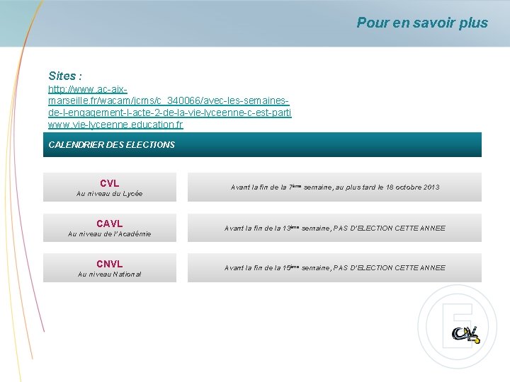 Pour en savoir plus Sites : http: //www. ac-aixmarseille. fr/wacam/jcms/c_340066/avec-les-semainesde-l-engagement-l-acte-2 -de-la-vie-lyceenne-c-est-parti www. vie-lyceenne. education.